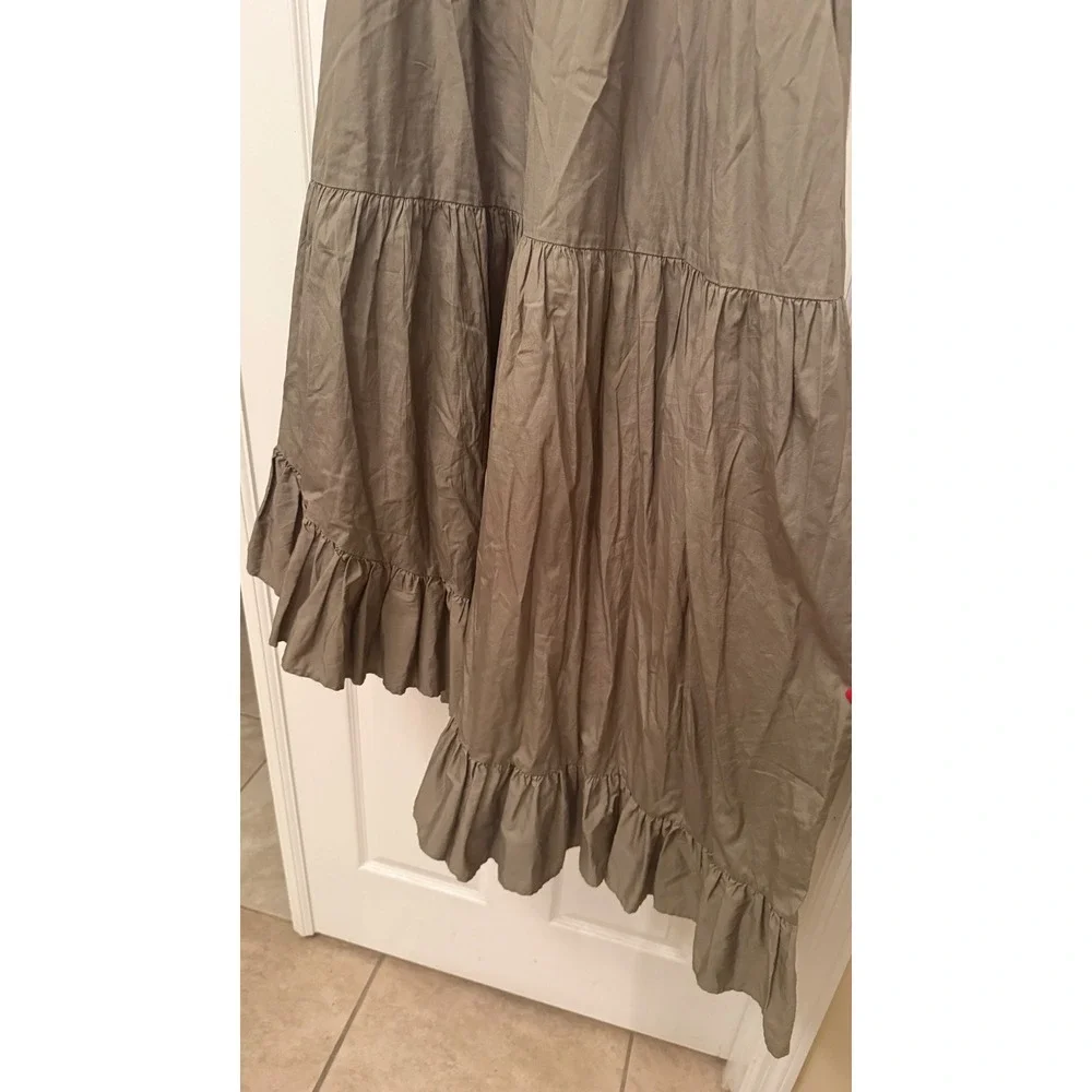 FRAME Tiered Maxi Dress Women Small Olive Green Asymmetrical Ruffle Poplin